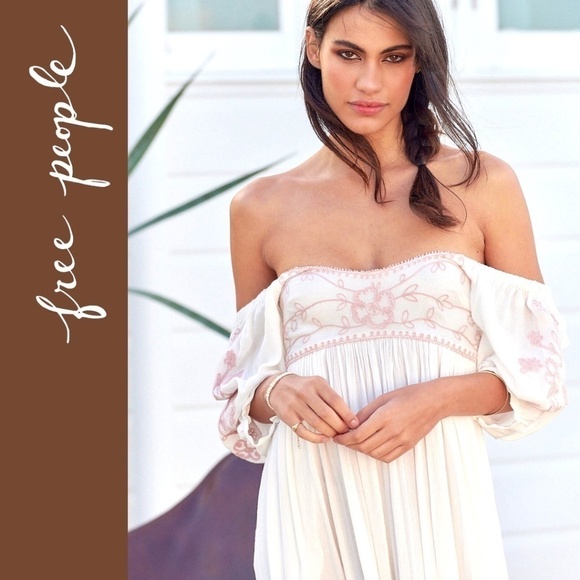 FREE PEOPLE Wedgewood Embroidered Scoop Neck 3/4 Puff Sleeve Maxi Dress/SM NWT - Picture 2 of 16